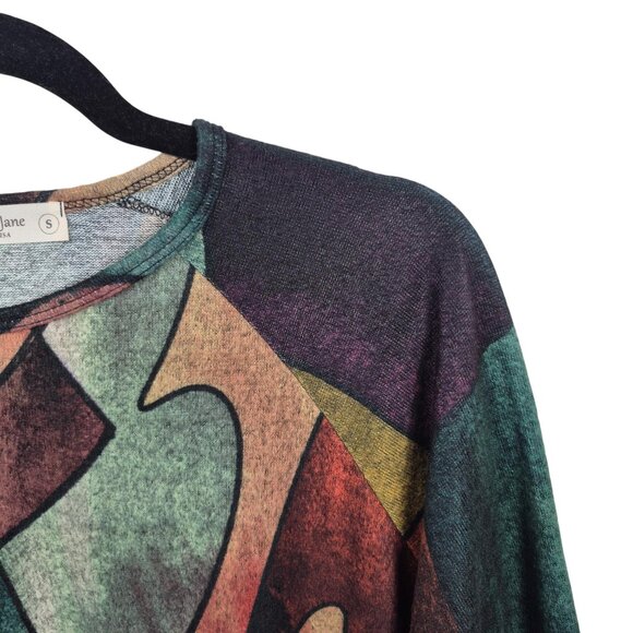 Jess & Jane Top Womens S Green Blouse 3/4 Sleeve French Brushed Knit Art To Wear - Picture 8 of 8